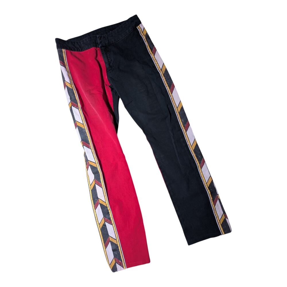 Vtg 1970s Black Red Split Dye Low Rise Straight Leg Geometric Panel Pants 26"